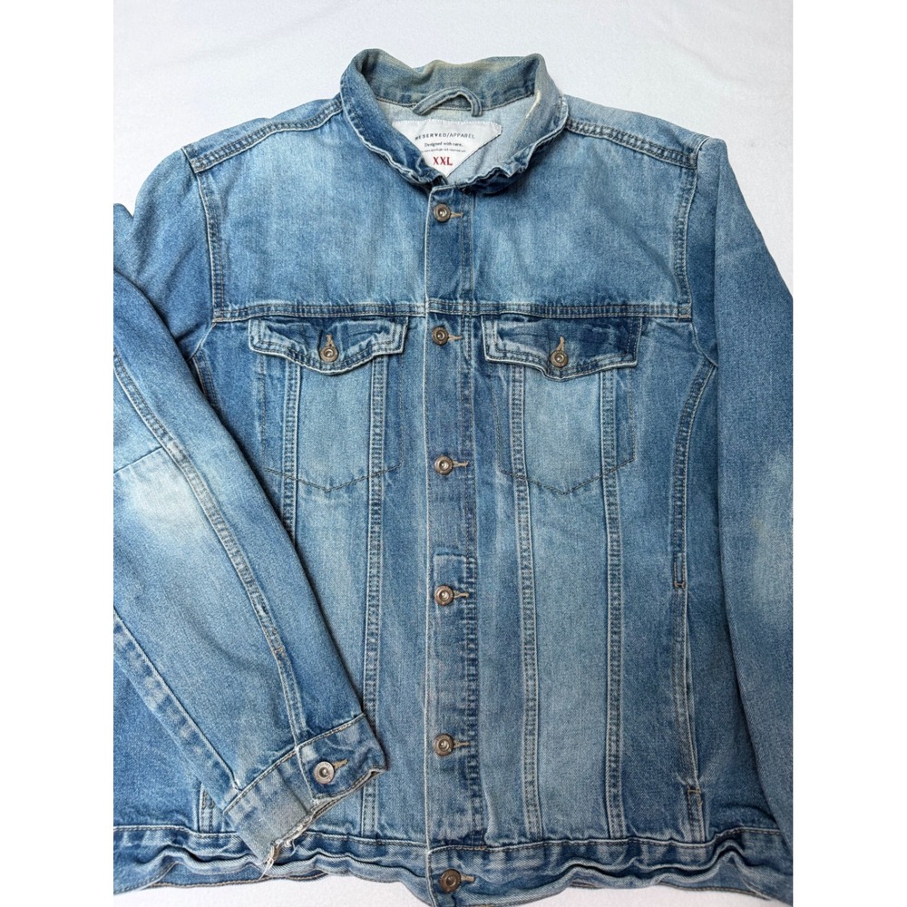Reserved Apparel Mens XXL Denim Trucker Jacket Medium Wash Faded Distressed Blue